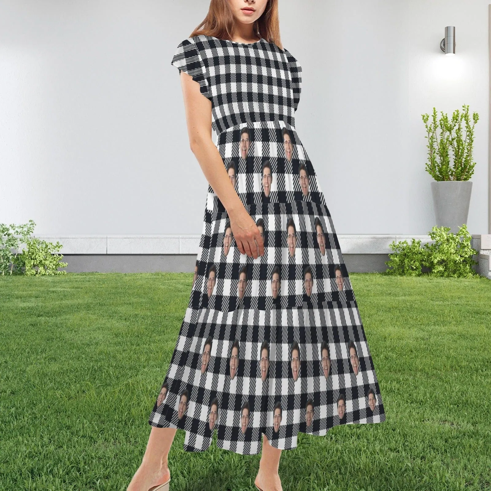 Custom Face Checkerboard Women's Round Neck Pleated Elastic Waist Tiered Maxi Dress