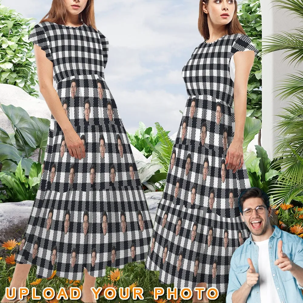 Custom Face Checkerboard Women's Round Neck Pleated Elastic Waist Tiered Maxi Dress