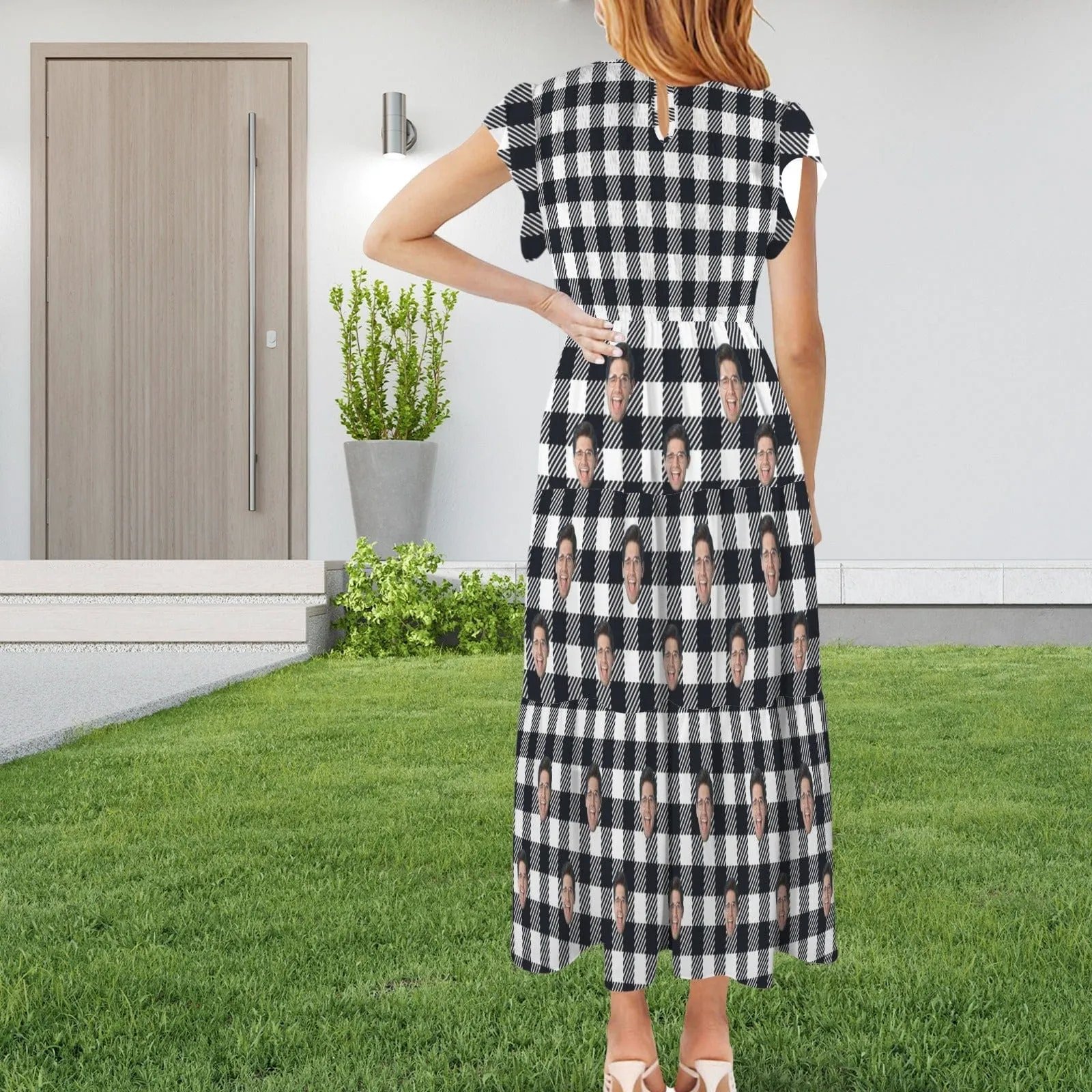 Custom Face Checkerboard Women's Round Neck Pleated Elastic Waist Tiered Maxi Dress