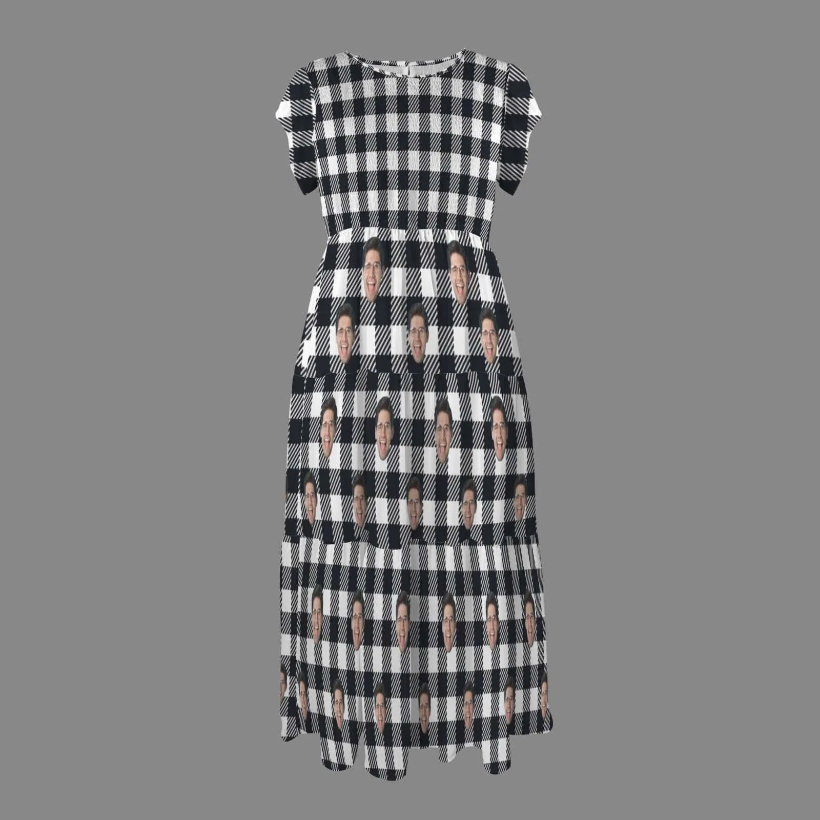 Custom Face Checkerboard Women's Round Neck Pleated Elastic Waist Tiered Maxi Dress