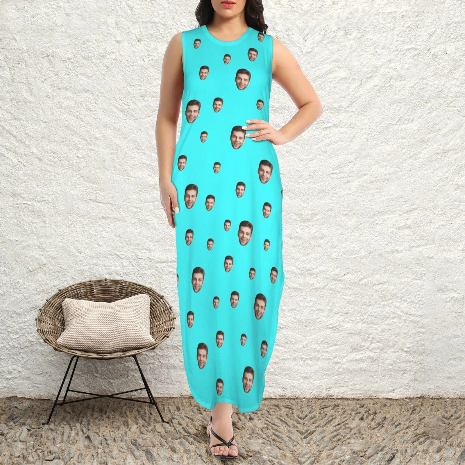 Custom Face DIY Colors Women's Round Neck Sleeveless Sundress Pocket Maxi Dress