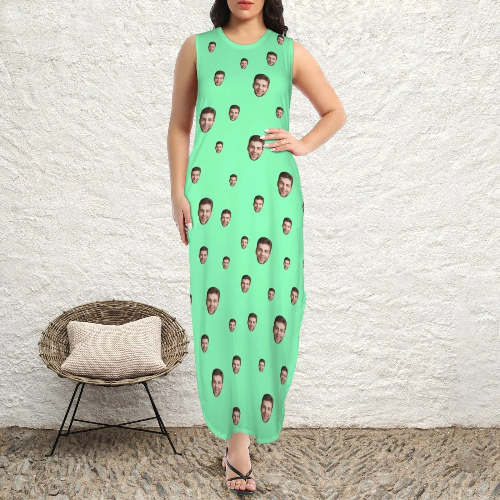 Custom Face DIY Colors Women's Round Neck Sleeveless Sundress Pocket Maxi Dress