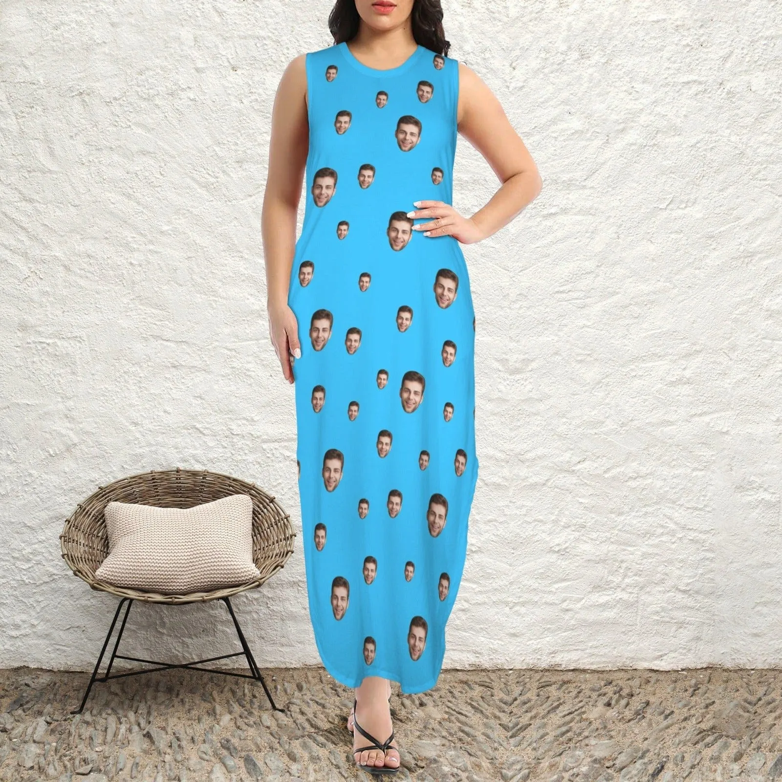 Custom Face DIY Colors Women's Round Neck Sleeveless Sundress Pocket Maxi Dress