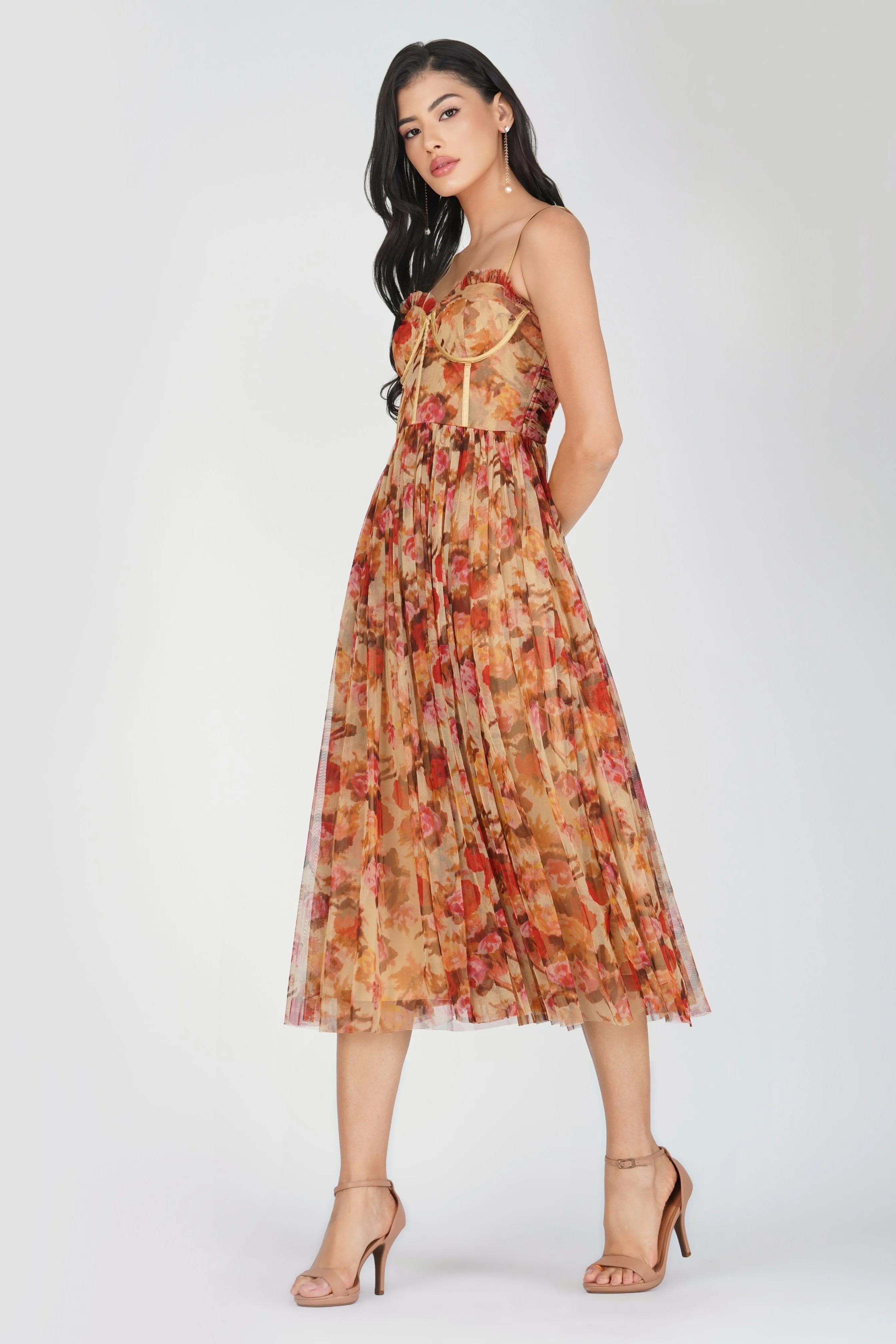 Dane Rose Floral Corset Midi Dress