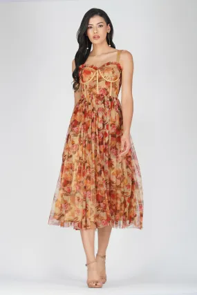 Dane Rose Floral Corset Midi Dress