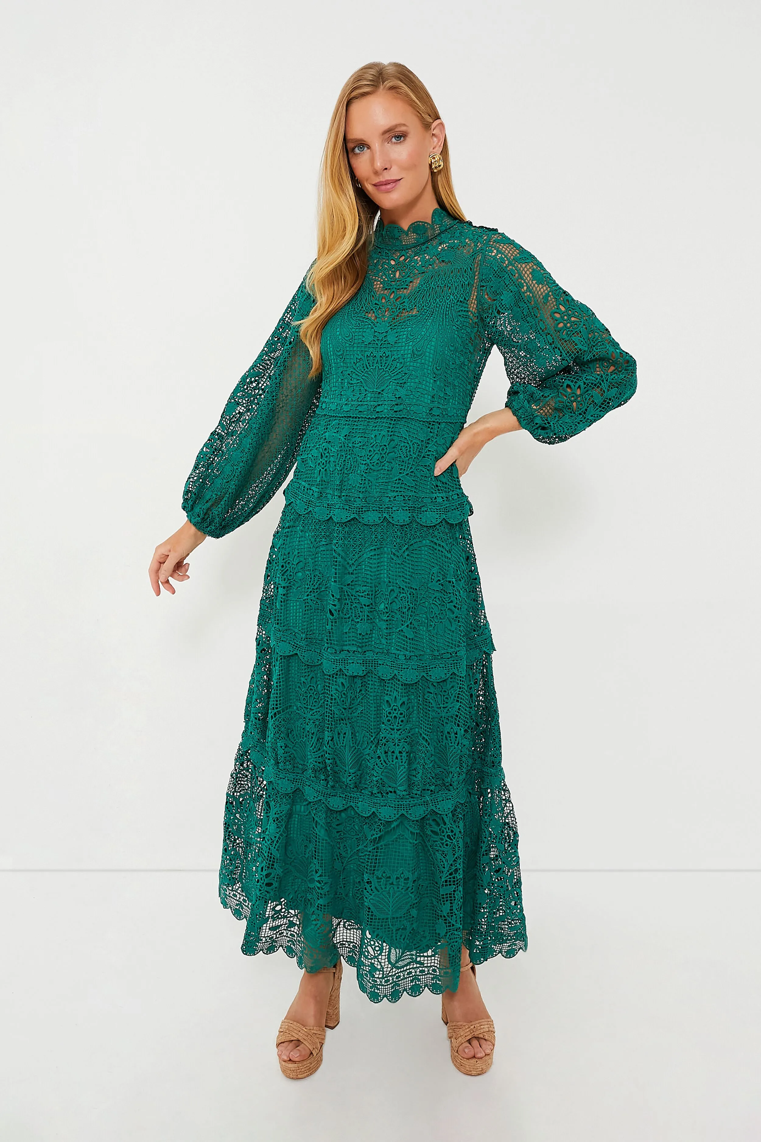 Dark Green Guipure Long Sleeve Maxi Dress