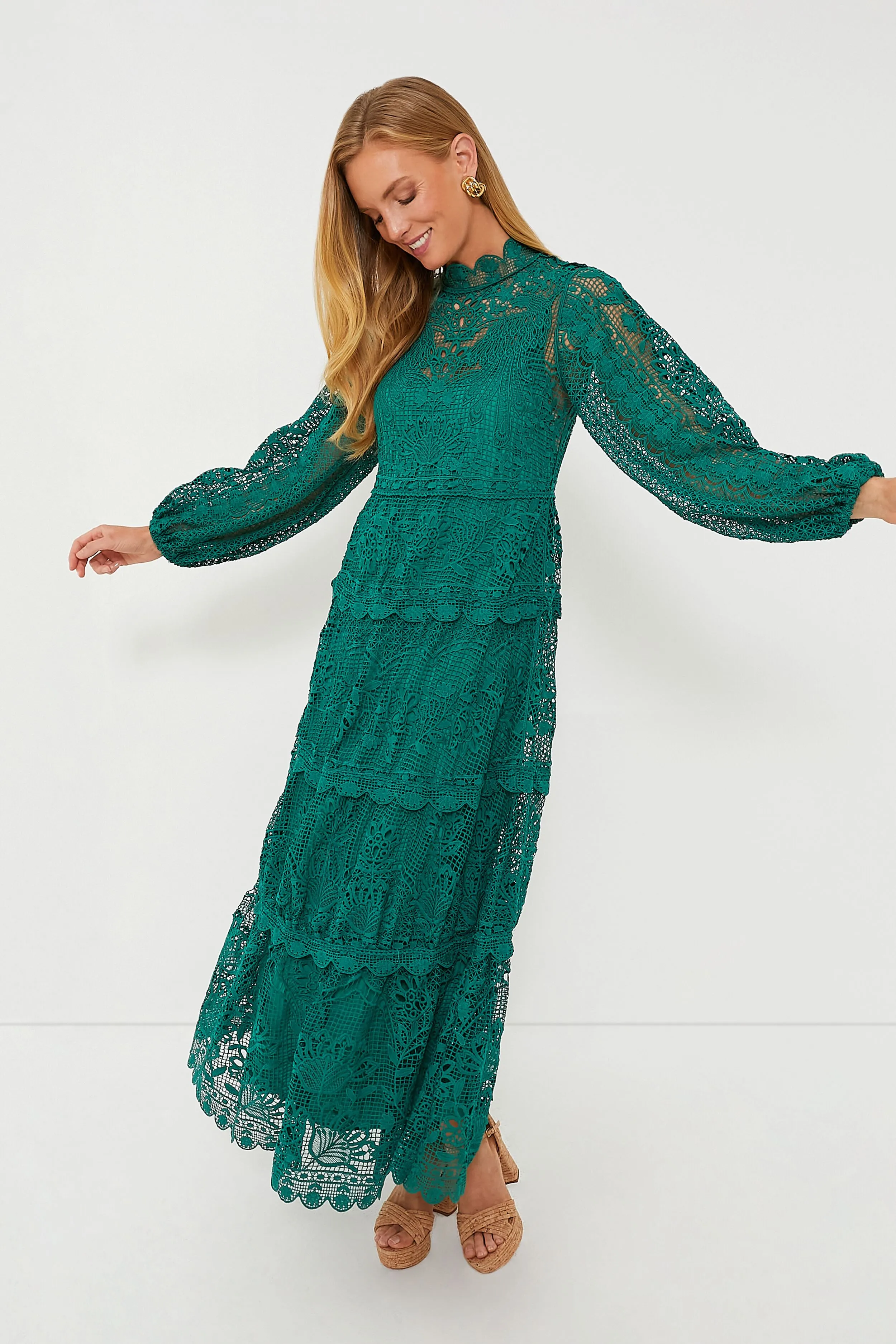 Dark Green Guipure Long Sleeve Maxi Dress