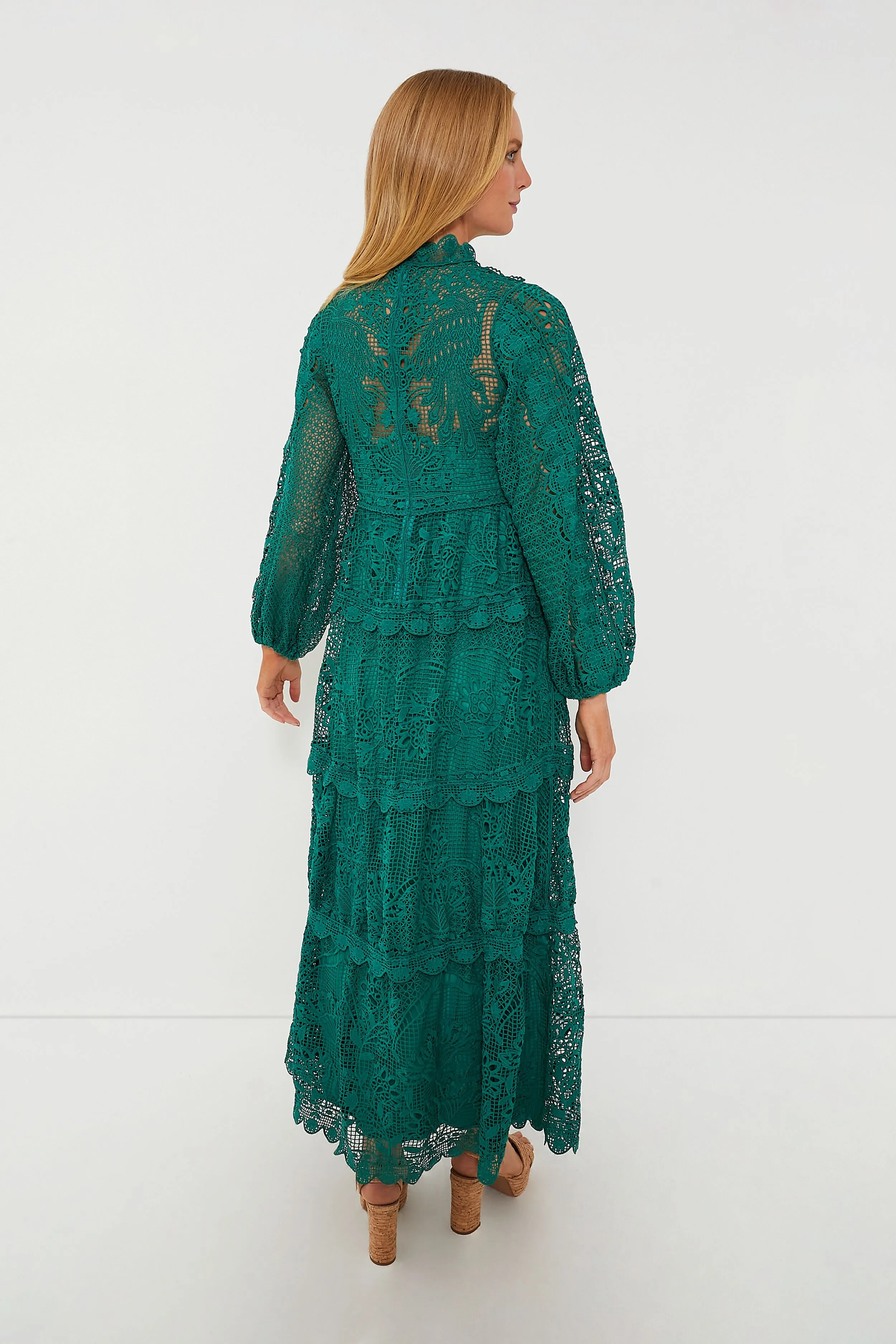 Dark Green Guipure Long Sleeve Maxi Dress