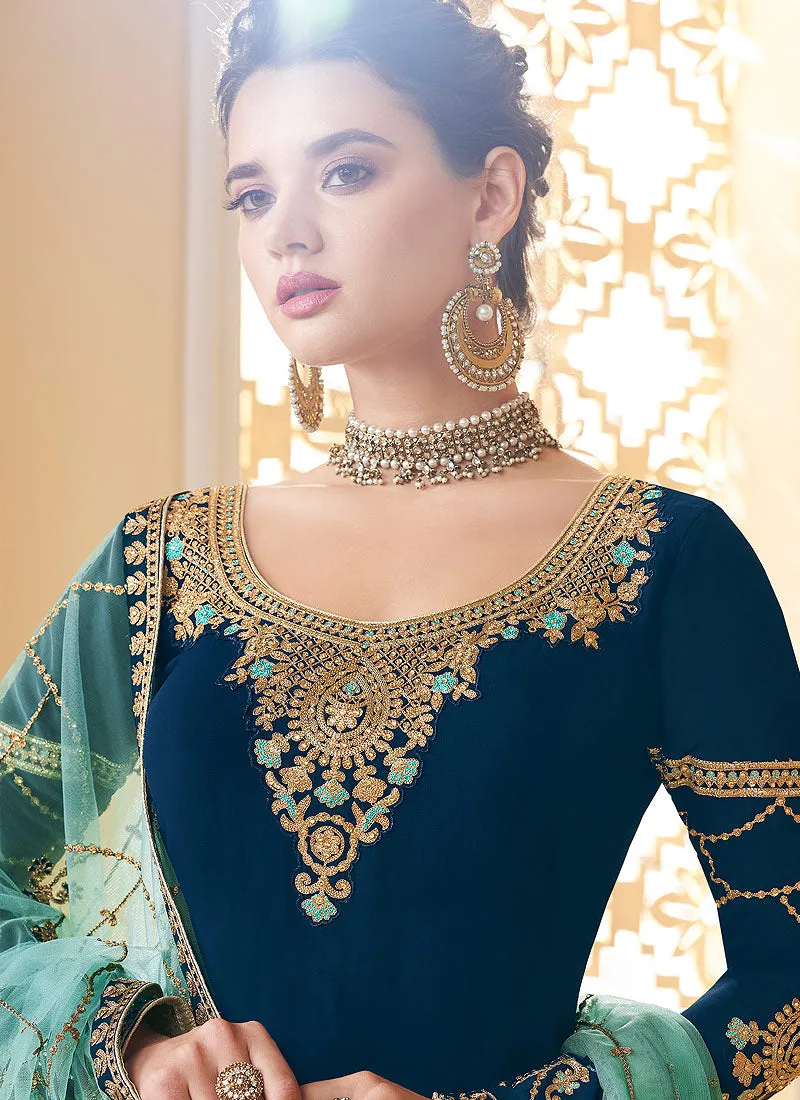 Deep Blue And Green Embroidered Palazzo Suit