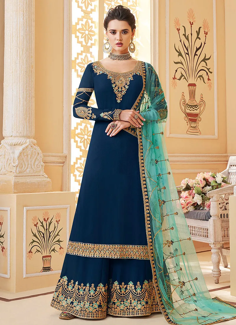 Deep Blue And Green Embroidered Palazzo Suit