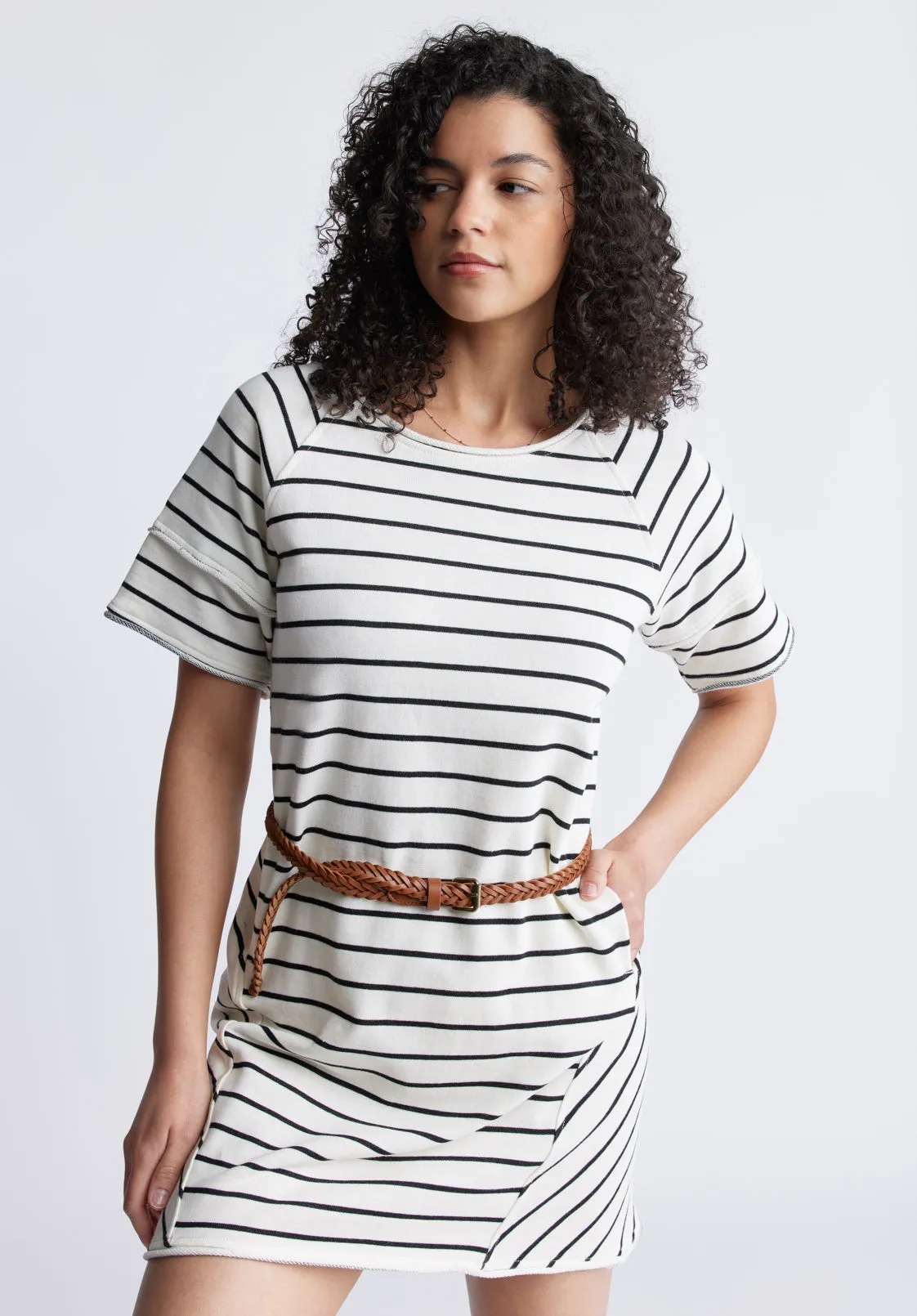 Delfina Women's T-Shirt Dress, White and Black Striped - KD0006S