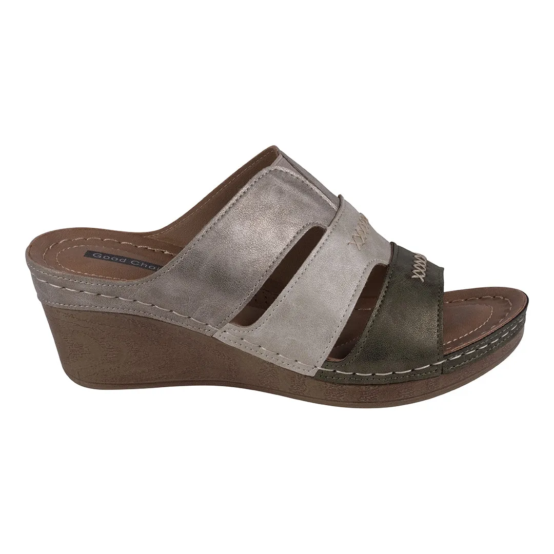 Delores Khaki Multi-Tone Triple Band Contrast Wedge Sandals