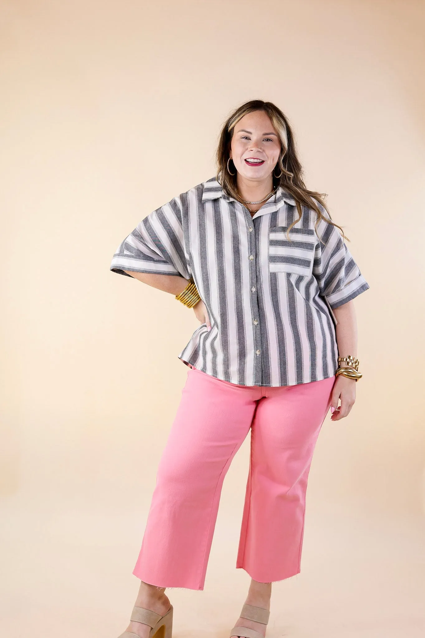 Down The Beach Button Up Striped Top in Ivory and Grey