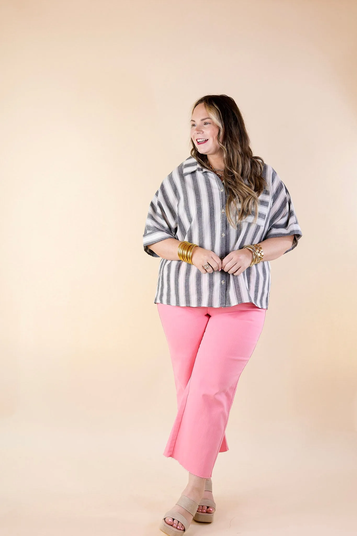 Down The Beach Button Up Striped Top in Ivory and Grey