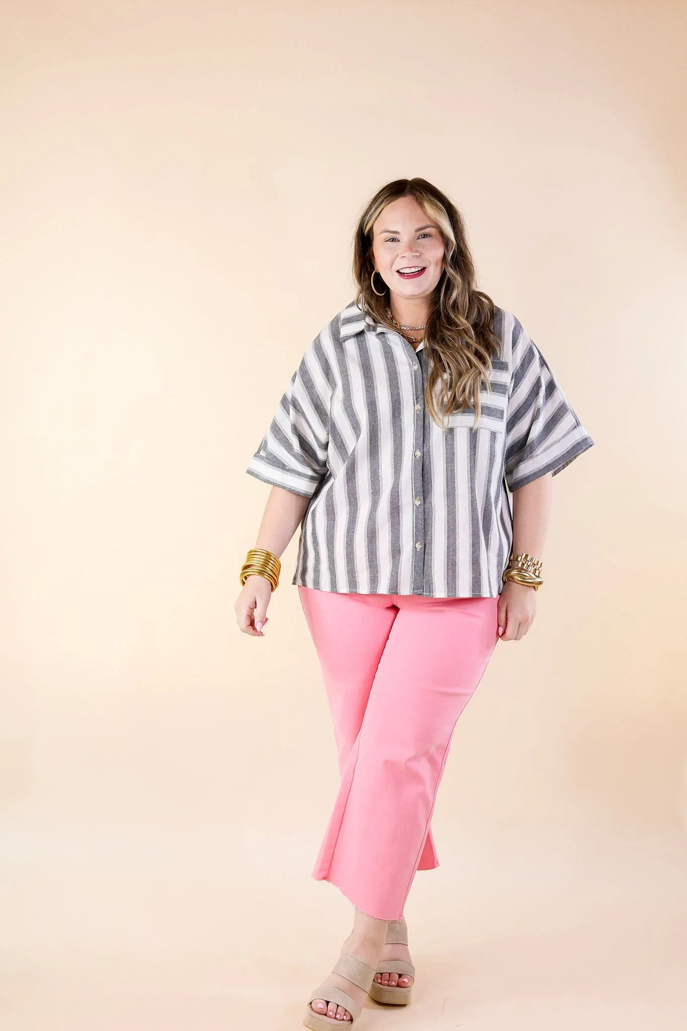 Down The Beach Button Up Striped Top in Ivory and Grey