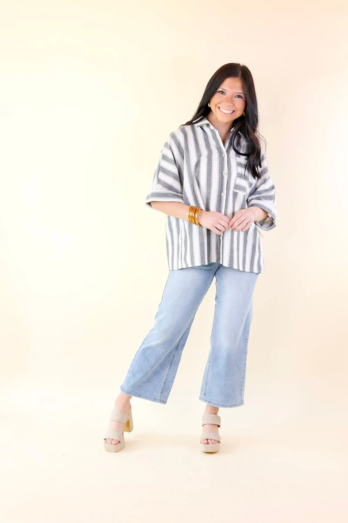 Down The Beach Button Up Striped Top in Ivory and Grey