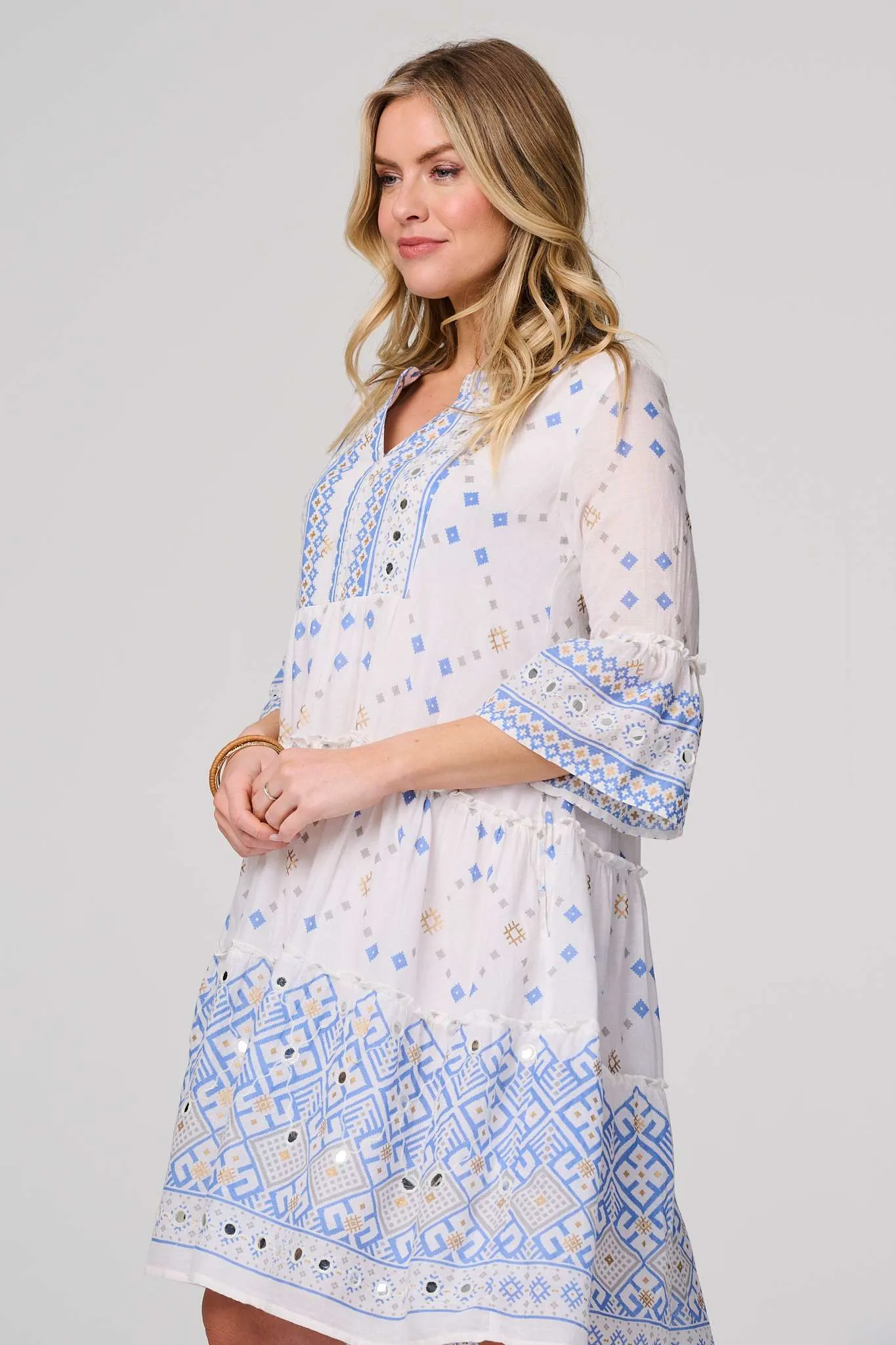 Embroidered 3/4 Flared Sleeve Short Smock Dress