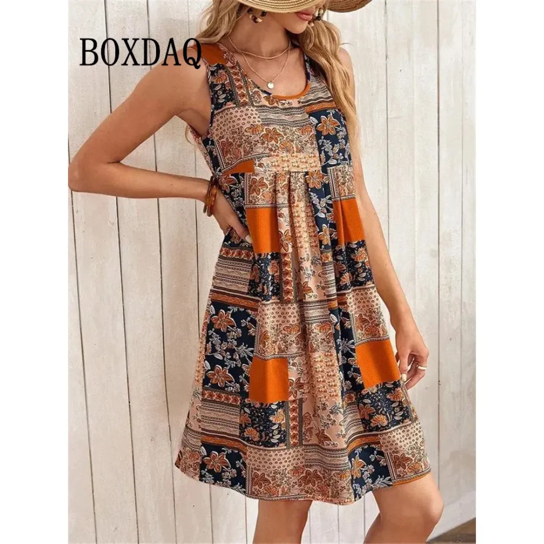 Ethnic Style Women's Sleeveless Geometry Plaid Print Summer Dress