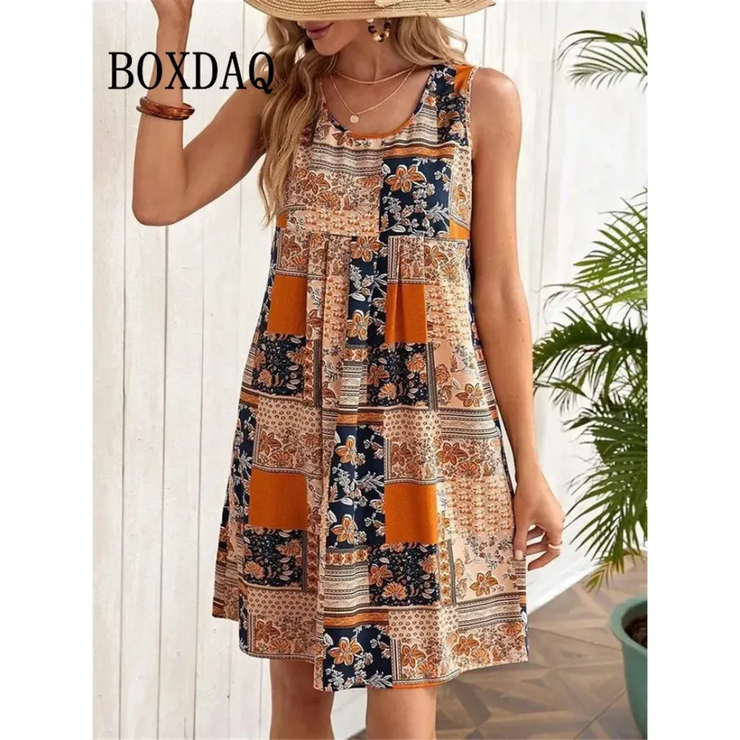 Ethnic Style Women's Sleeveless Geometry Plaid Print Summer Dress