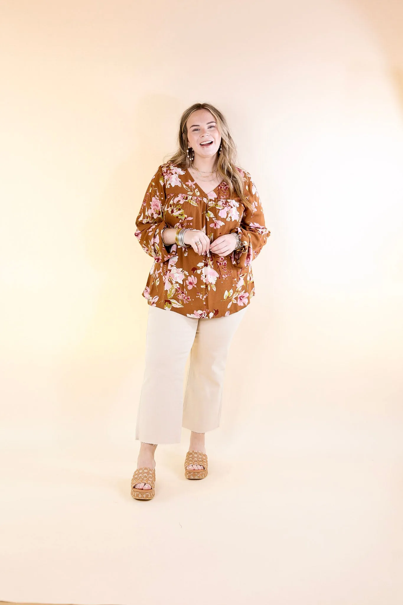 Fall In The City Floral V Neck Top with Long Sleeves in Camel Brown