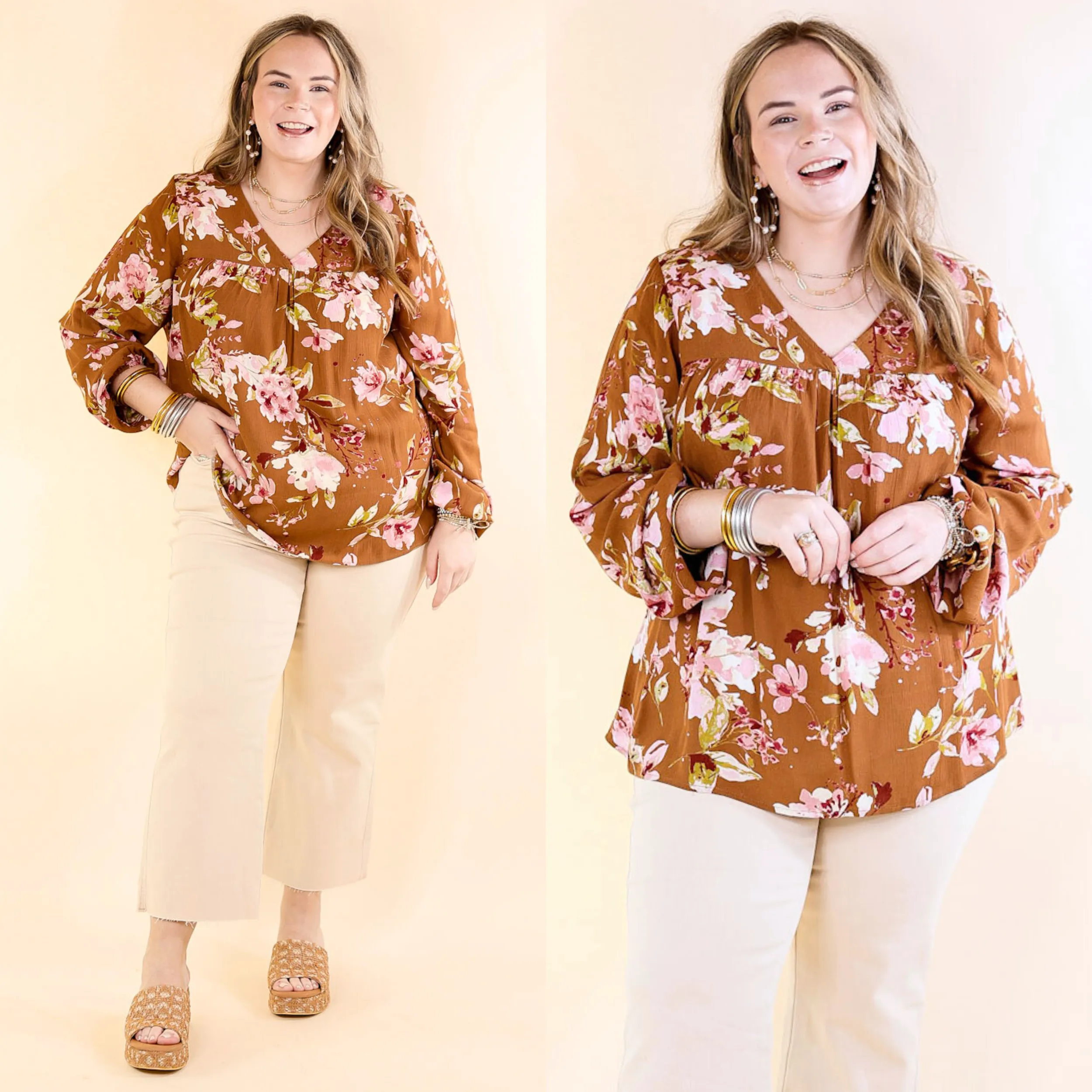 Fall In The City Floral V Neck Top with Long Sleeves in Camel Brown