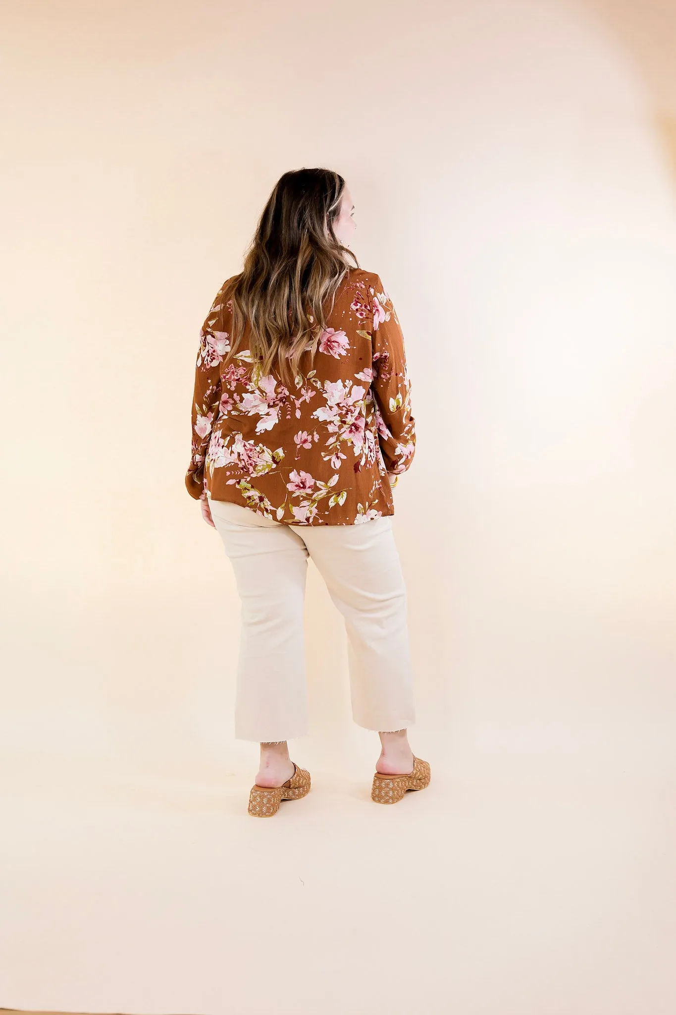 Fall In The City Floral V Neck Top with Long Sleeves in Camel Brown