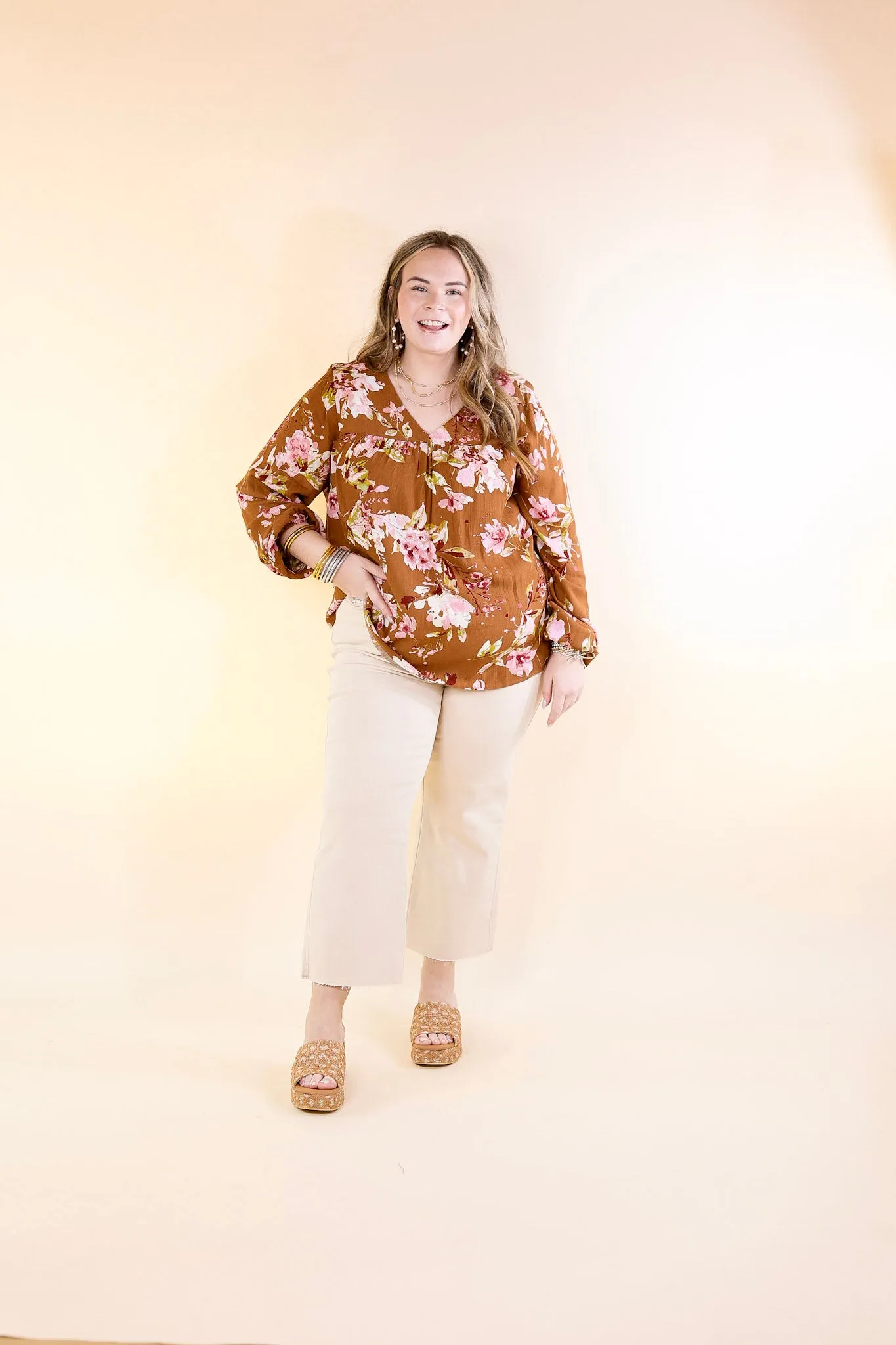 Fall In The City Floral V Neck Top with Long Sleeves in Camel Brown