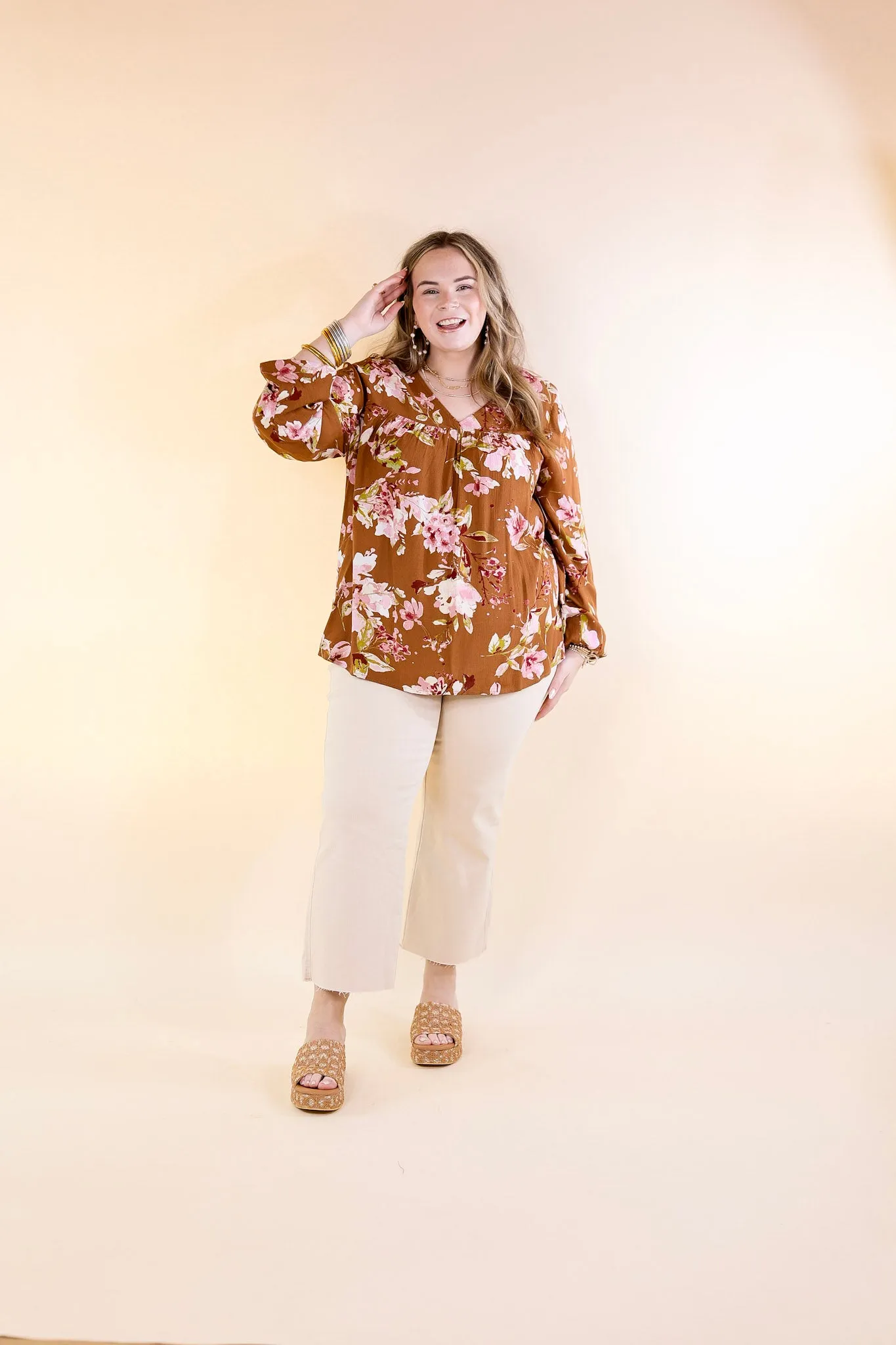 Fall In The City Floral V Neck Top with Long Sleeves in Camel Brown