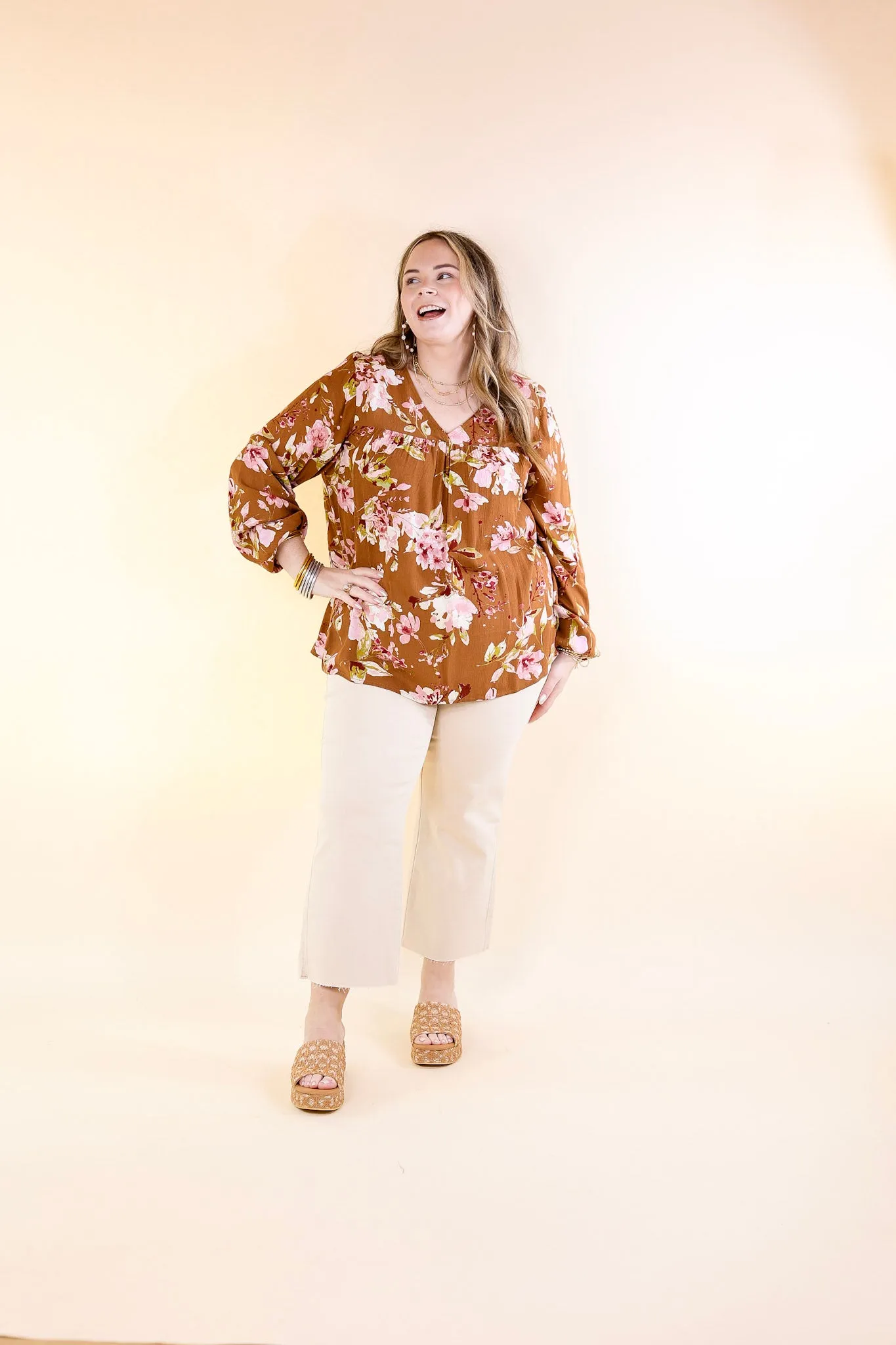 Fall In The City Floral V Neck Top with Long Sleeves in Camel Brown