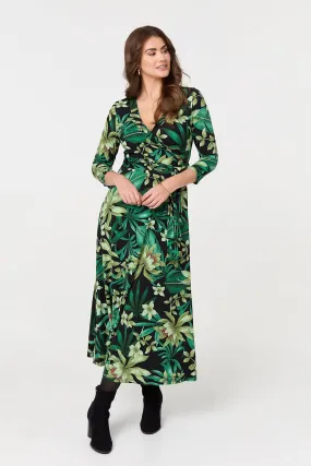 Floral 3/4 Sleeve Tie Waist Wrap Maxi Dress