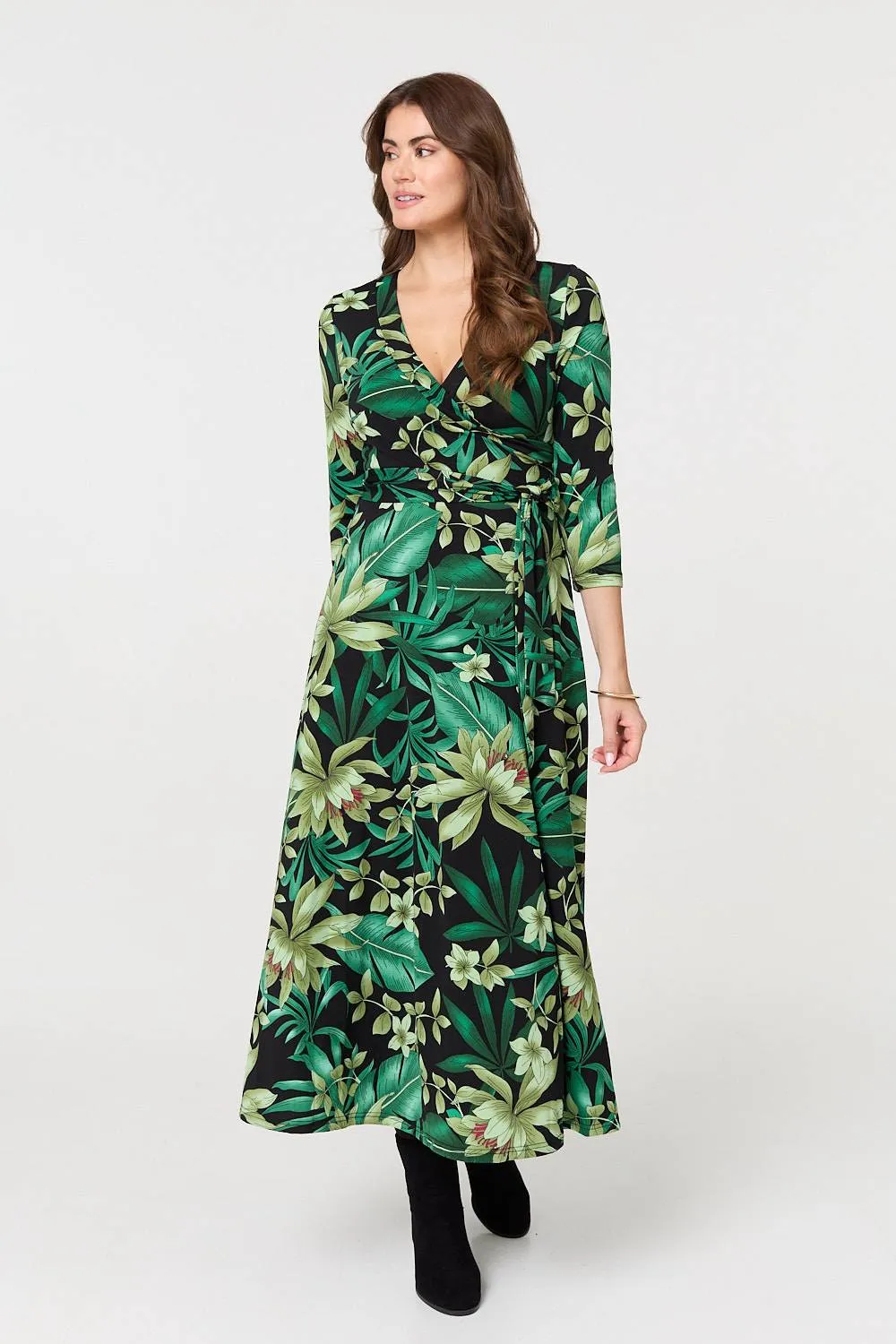 Floral 3/4 Sleeve Tie Waist Wrap Maxi Dress