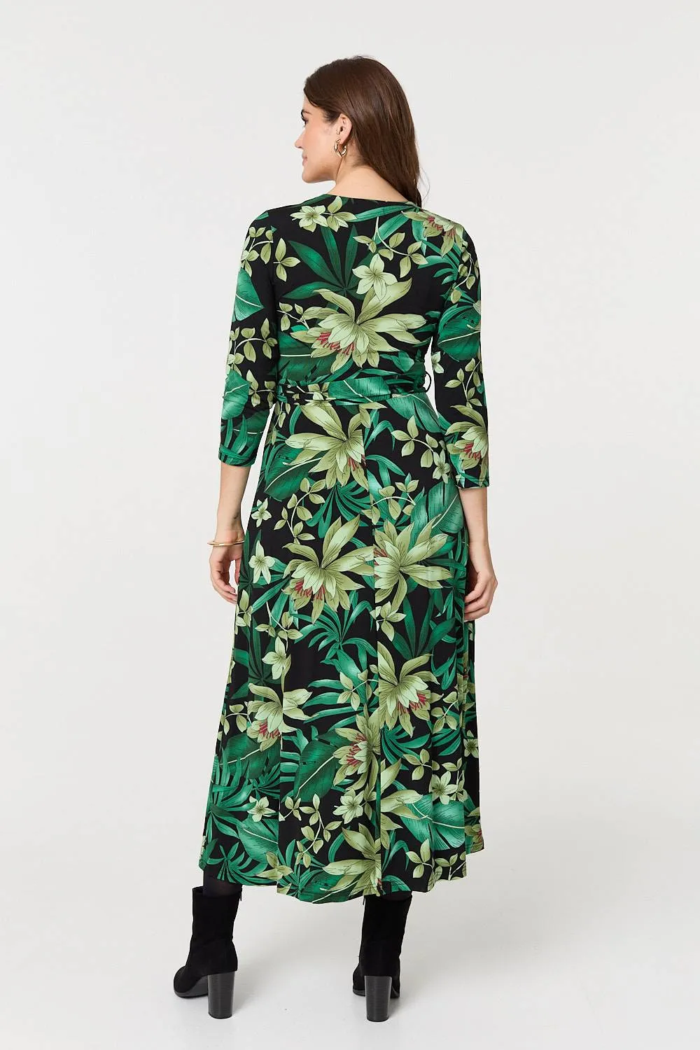 Floral 3/4 Sleeve Tie Waist Wrap Maxi Dress