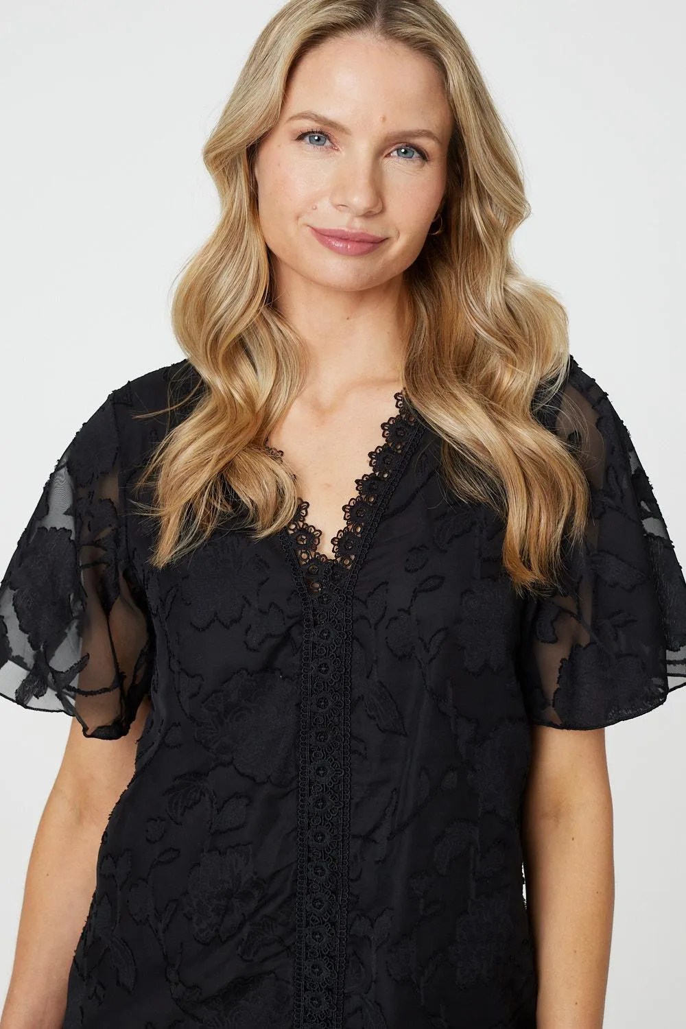 Floral Lace Detail Flared Sleeve Blouse