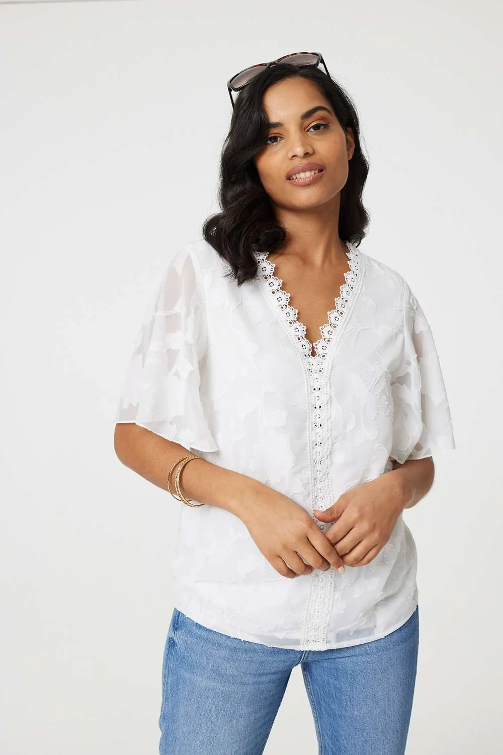 Floral Lace Detail Flared Sleeve Blouse