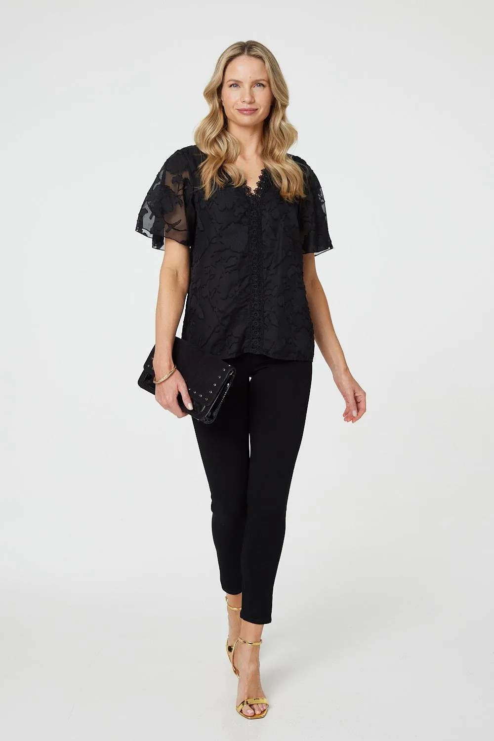 Floral Lace Detail Flared Sleeve Blouse