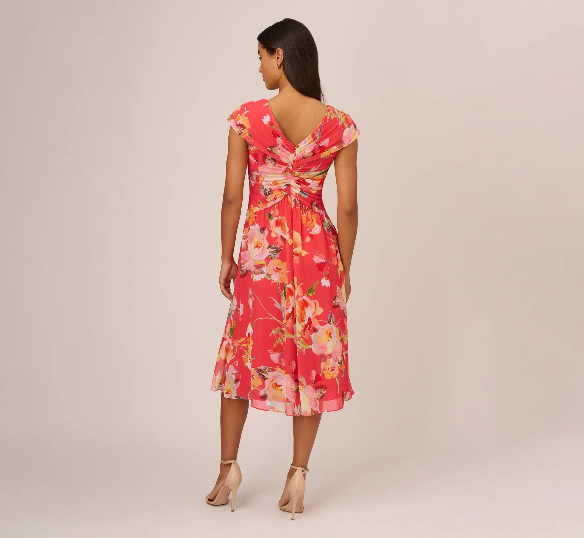 Floral Print Midi Dress With Twist Neckline In Coral Multi