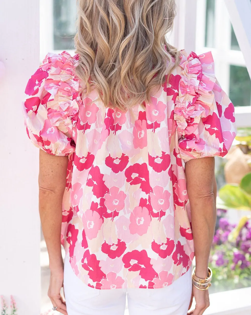 Floral Split Neck Ruffle Top