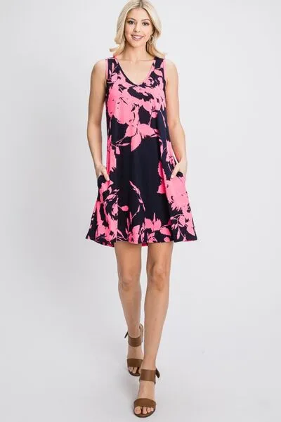 Floral V-Neck Tank Dress with Pockets