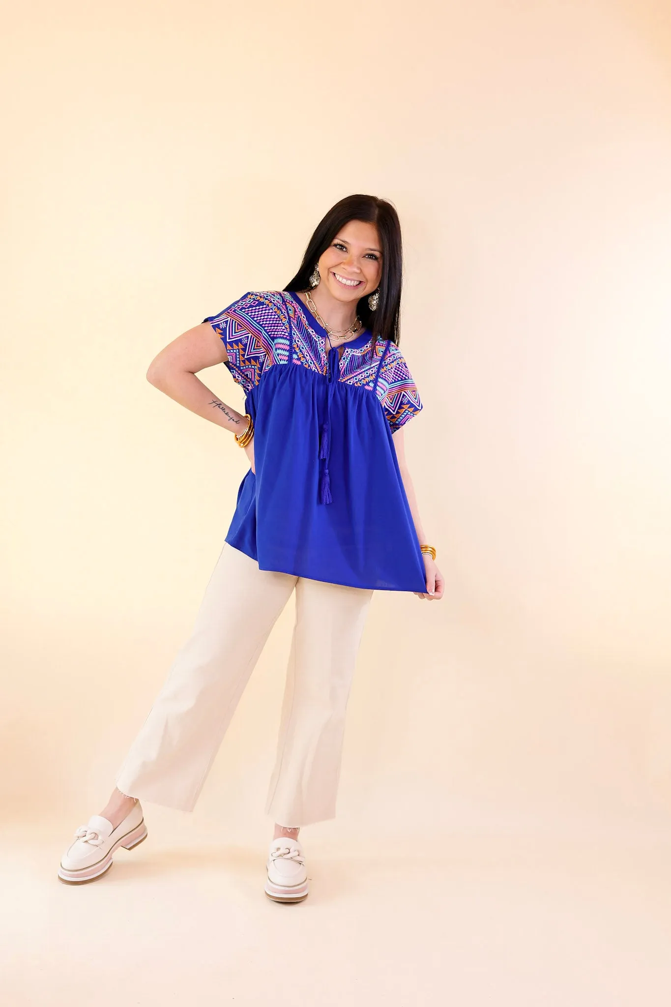 Forgotten Paradise Embroidered Top with Front Tie in Royal Blue