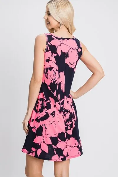 Full Size Floral V-Neck Tank Dress with Pockets