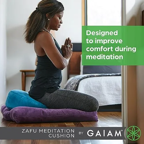 Gaiam Zafu Yoga Meditation Cushion - Ergonomic Buckwheat Hull Floor Pillow for Posture Support, Tailored Comfort with Adjustable Filling, Carry Handle, Versatile for Pilates and Relaxation - Teal