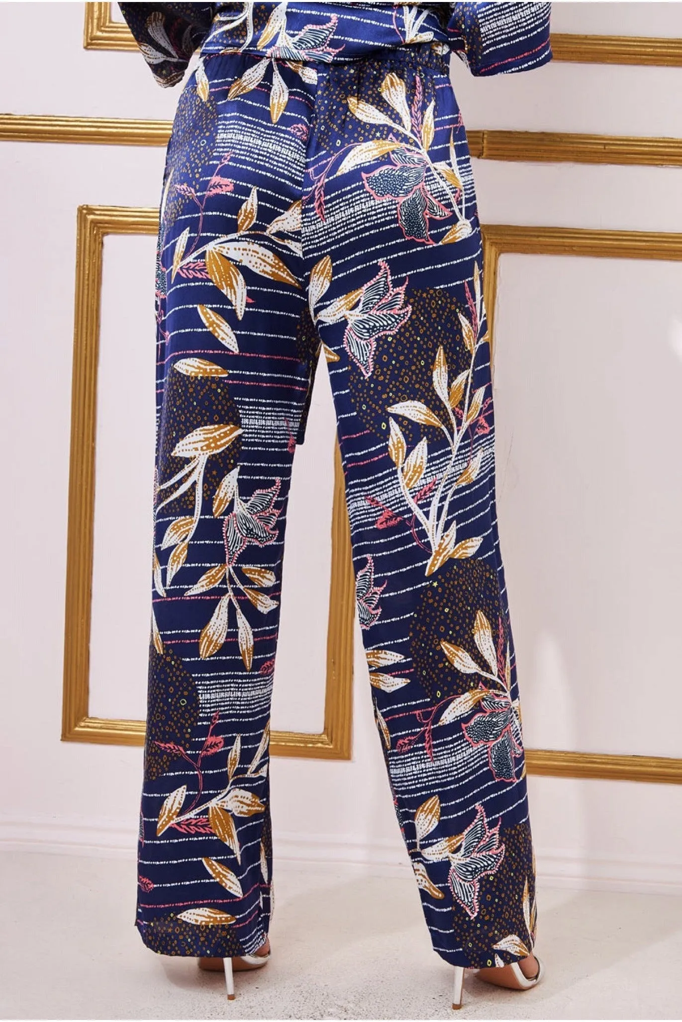 Goddiva Printed Satin Wide Leg Trouser - Navy