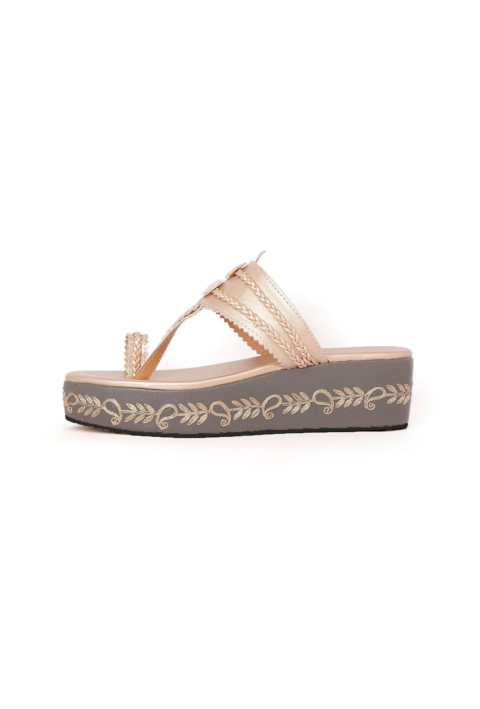 Golden Hand Embroidered Kolhapuri Inspired Wedges