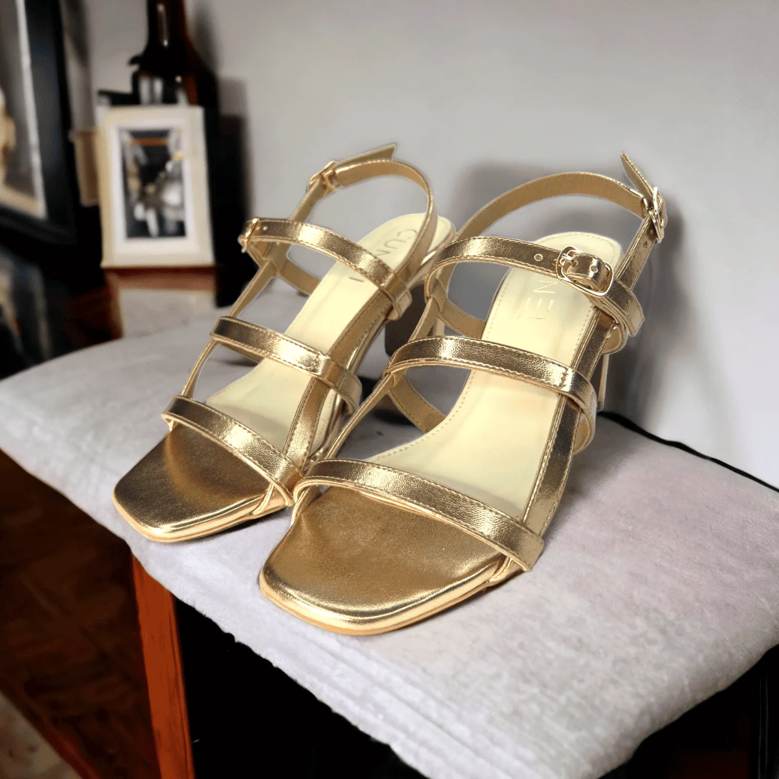 Golden Three Tier Block Heels