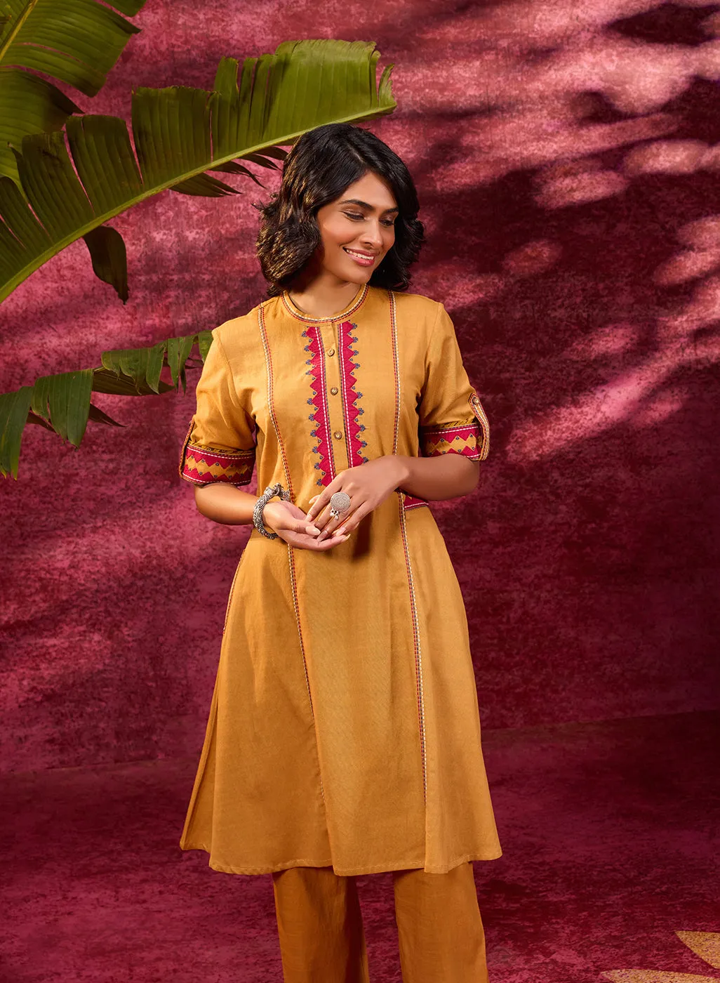 Grace Mustard Embroidered Tunic Set