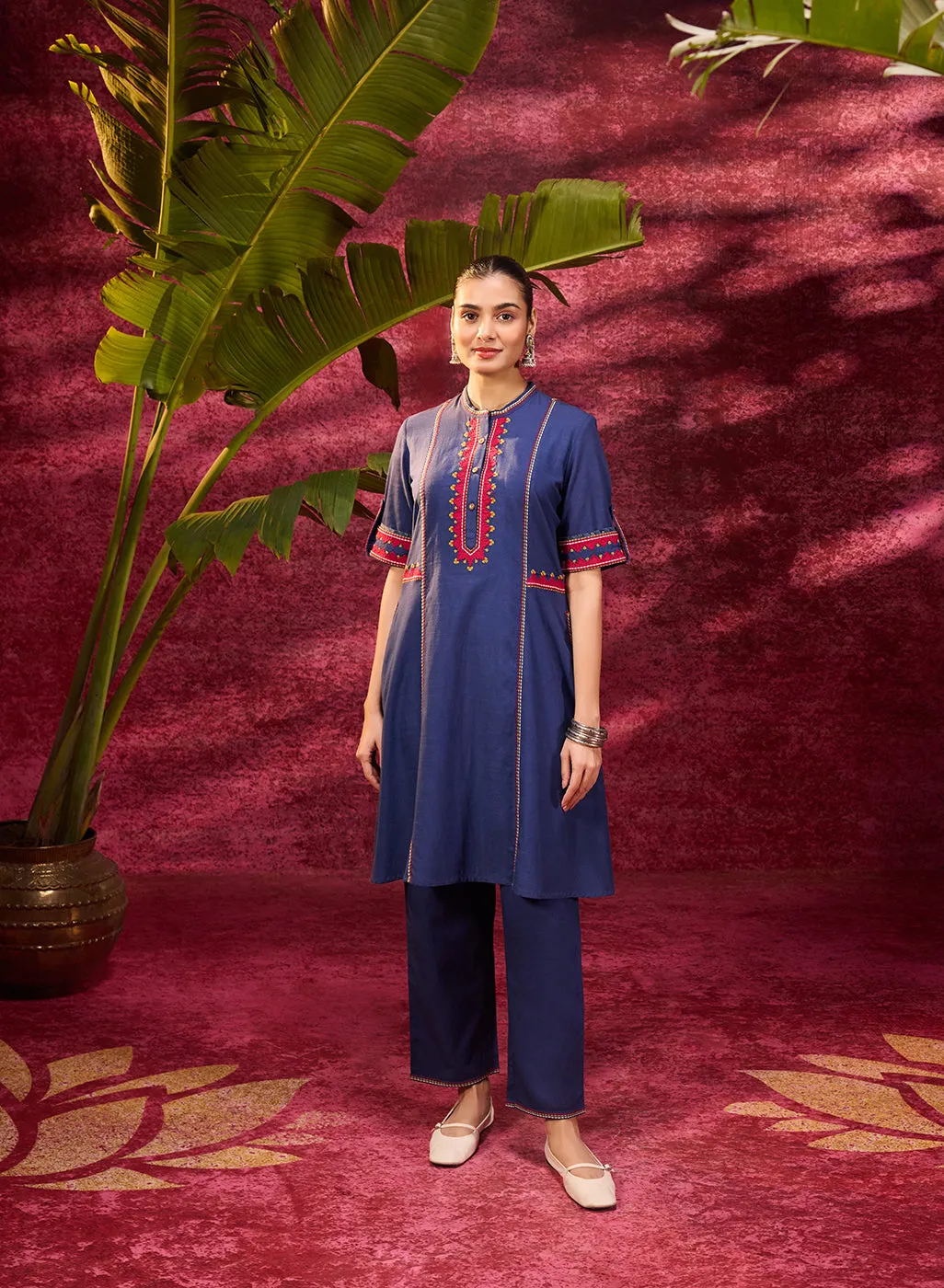 Grace Navy Blue Embroidered Tunic Set