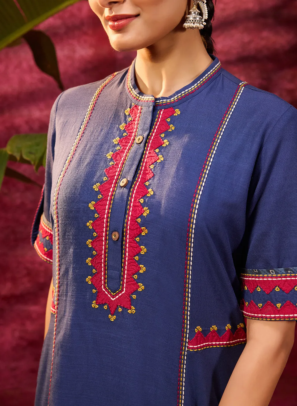 Grace Navy Blue Embroidered Tunic Set