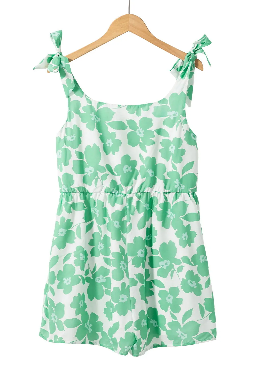 Green 60s Floral Print Knotted Strap Flared Romper