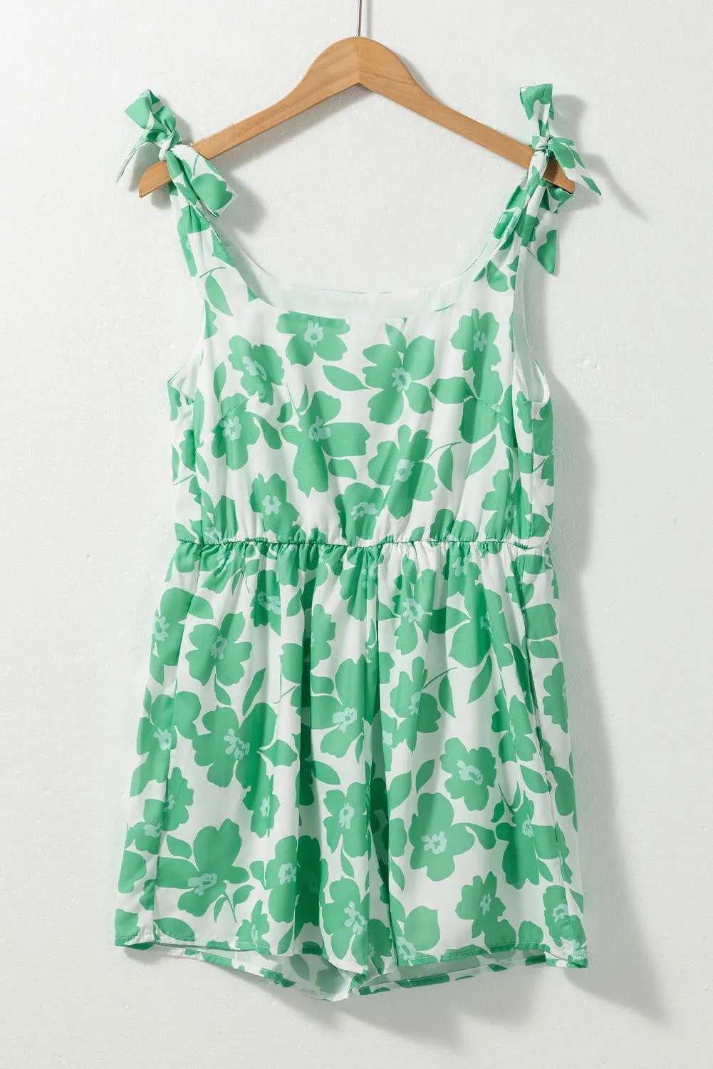 Green 60s Floral Print Knotted Strap Flared Romper