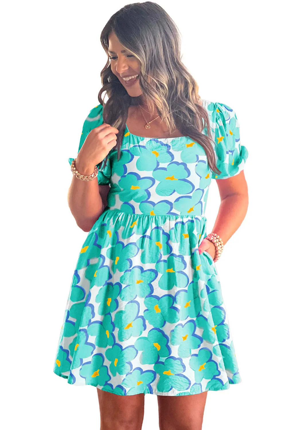 Green Floral Print Puff Sleeve Babydoll Short Dress